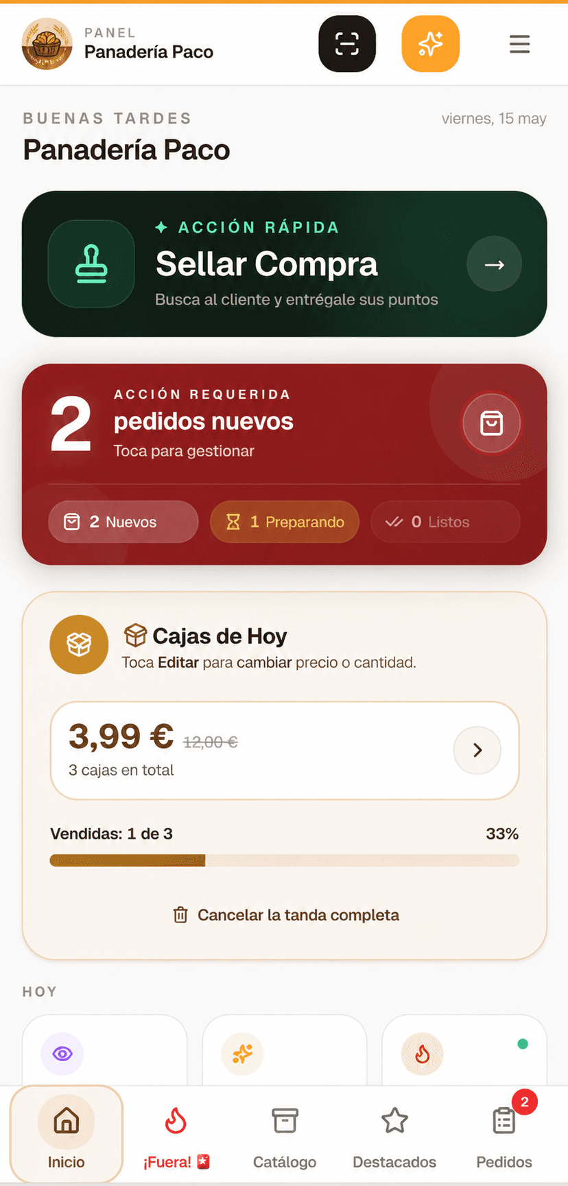 Panel de gestión en móvil